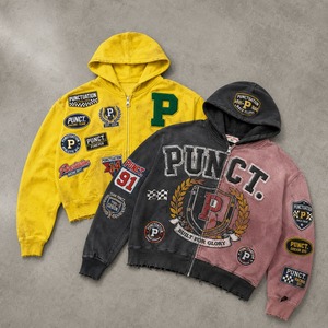 Sudadera con capucha y cremallera con pedrería, de algodón grueso, negra con lavado ácido, corte holgado y corto, estilo urbano personalizado para hombre - Product Image 2