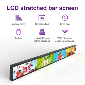 Panel LCD estirado para interiores de 23,1 pulgadas, pantalla táctil Android con estante ultraancho para publicidad, barra elástica, pantalla Lcd para tienda minorista