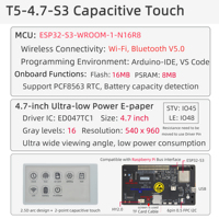 LILYGO T5-4.7-S3: شاشة لمس إلكترونية مقاس 4.7 بوصة مع ESP32-S3، واي فاي/بلوتوث 5.0 وساعة توقيت رقمية للأجهزة الذكية في إنترنت الأشياء
