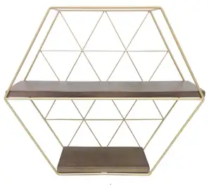 Hot Selling Modern Delicate 2-Tiers Gold Hexagon Decorative Metal Floating Wall Shelf