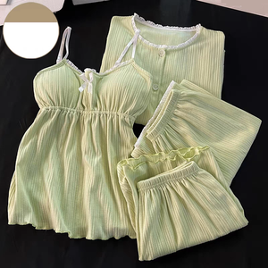 HUOYOUNG-Pijama de verano personalizado con borde de encaje <span class=keywords><strong>para</strong></span> mujer, pijama de Modal acanalado de 4 piezas, ropa de <span class=keywords><strong>dormir</strong></span> estampada <span class=keywords><strong>para</strong></span> mujer, pijama, conjunto de pantalones <span class=keywords><strong>cortos</strong></span> <span class=keywords><strong>para</strong></span> mujer - Product Image 3