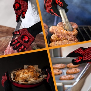 Heat Resistant Safety <b>Gloves</b> Black Red Flame Design Textured PU Knit Wrist 4.3in Anti-Slip Anti-Heat Protection - Product Image 2