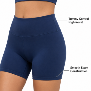 Ensemble de yoga sans couture bleu marine premium avec haut court ajusté à manches courtes et mini-short sculptant taille haute pour l'entraînement physique - Product Image 4