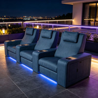 Set Sofa Recliner Elektrik Modern Kulit Biru, Furnitur Ruang Tamu Home Theater dengan Konsol Tempat Cangkir dan Penyimpanan Samping