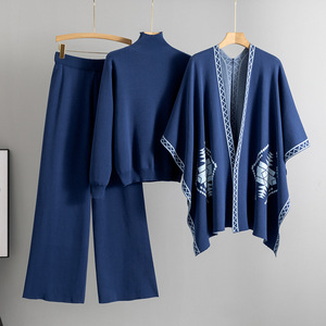 Ensemble tricoté automne-hiver, <span class=keywords><strong>cape</strong></span> jacquard, haut à col rond, pantalon large décontracté, ensemble trois pièces, tenue pull pour femme - Product Image 4