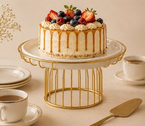 Round Metal <b>Cake</b> <b>Stand</b> With Gold Wire Base White Plate Reusable Dessert Display For Home Use - Product Image 2