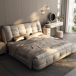 Cama Doble Moderna Minimalista de Lujo con Tapicería de Cuero Crema y Estructura de Madera Sólida con Espacio de Almacenamiento, <span class=keywords><strong>2x2</strong></span> Metros - Product Image 3