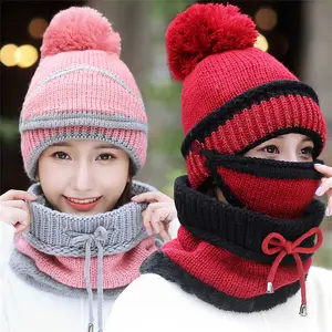 HZM-18287 3 en 1 hiver tricoté bonnet chapeau visage cache-cou ensemble pour femmes filles polaire doublure casquettes de Ski avec pompon