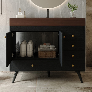 Meuble-lavabo de salle de bain de luxe autoportant de 36 pouces avec dessus en faux marbre, lavabo en céramique, 5 tiroirs et pieds en acier inoxydable pour hôtel et salle de sport - Product Image 4