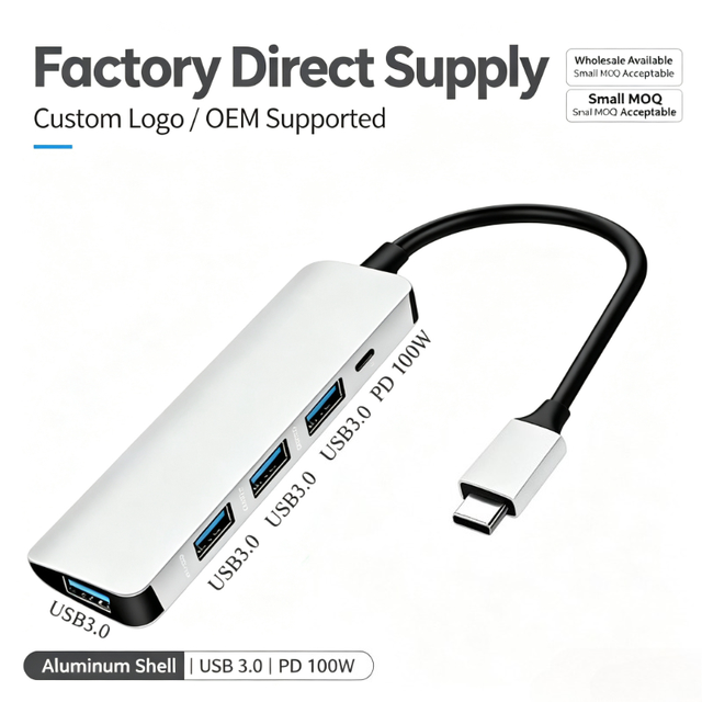 5 in 1 USB C Hub Aluminum 4 Port USB 3.0 with PD 100W Type C Adapter Long Cable Multiport for Laptop PC MacBook PS5
