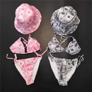 Set Bikini Topi Ember Seksi Dapat Diatur Seksi Bergaris Setelan Baju Renang Dasar Tebal Bikini Seksi Wanita