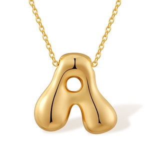 Collar con colgante de 26 letras de latón clásico, collar con alfabeto inicial de globo de burbuja dorada, collar con letras griegas hinchadas para mujer - Product Image 1