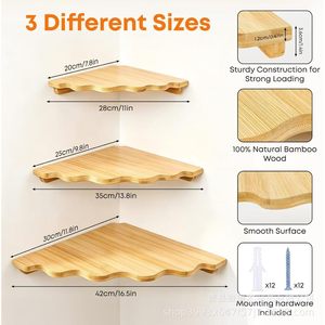 Étagère d'angle murale en bambou à bords ondulés pour cuisine et salle de bain, étagère multi-niveaux en bois avec grain de bois naturel - Product Image 3