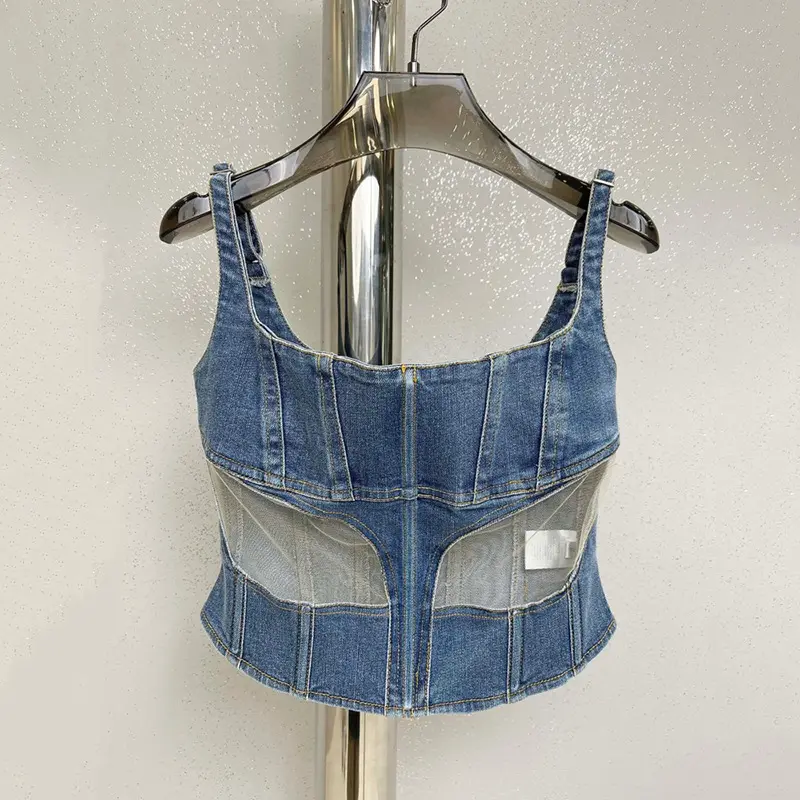 New design for early fall mesh spliced fishbone denim top sexy short halter blouse