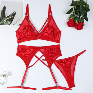 Conjunto de lencería de realce de malla transparente sexy Nuevo conjunto de ropa interior de mujer de color sólido fino con liguero - Product Image 6