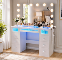 Coiffeuse avec grand plateau en verre et 9 tiroirs, miroir compact et 3 ampoules colorées