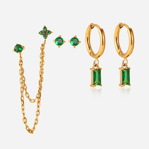 ต่างหูรูปใบโคลเวอร์สี่แฉกประดับเพทายสีเขียว ต่างหูแบบห่วงสแตนเลส ดีไซน์เรขาคณิต ตกแต่งแบบกรงเล็บ เครื่องประดับแฟชั่น - Product Image 1