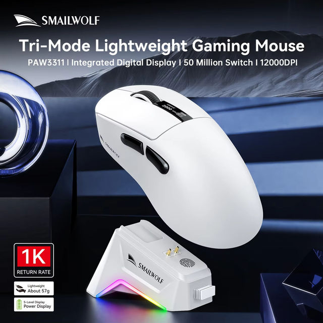 SMALLWOLF M6 Tri-Mode Wireless for BT Gaming Mouse Lightweight PAW3311 Sensor 120000DPI with Digital RGB Battery Charger Dock