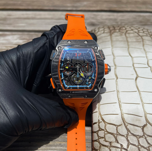 Reloj cronógrafo de carreras LuxuryRM65-01 con caja de fibra de carbono en forma de tonneau, movimiento mecánico automático esqueletizado, cristal de zafiro. - Product Image 1