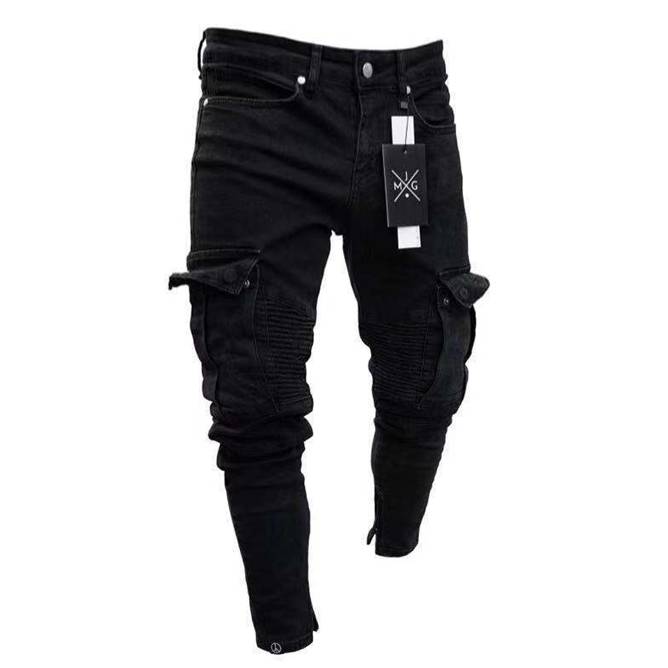 2020 New Fashion Men's Jeans Men Multi Pockets Black Denim Trousers Pants For Man