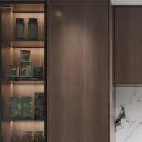 Meuble de cuisine modulaire en verre à grain de bois avec LED, charnières et panier de rangement, cadre en aluminium noir, meuble de rangement personnalisé