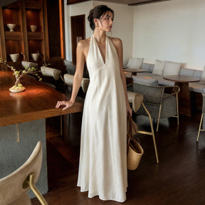 Robe longue élégante pour femme, style bohème, 100 % coton, col halter, col en V, sans manches, unie, coupe trapèze, confortable pour les vacances - Product Image 1