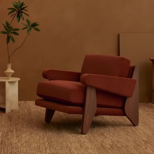 Fauteuil en bois massif style Wabi Sabi, fauteuil simple en daim bordeaux, 75x94x75, fauteuil d'hôtel, utilisation en intérieur - Product Image 1