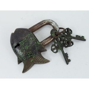 PARIJAT HANDICRAFT Functional Brass Beautiful Padlocks 3.5\" Rust Look New Item Two <b>Keys</b> Garden <b>Lock</b> Fish Padlock Unique Design - Product Image 1
