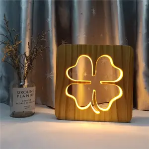 Lampe led 3d en forme de trèfle à quatre feuilles, avec câble usb, design creux en bois, luminaire décoratif d'intérieur, idéal pour une chambre à coucher