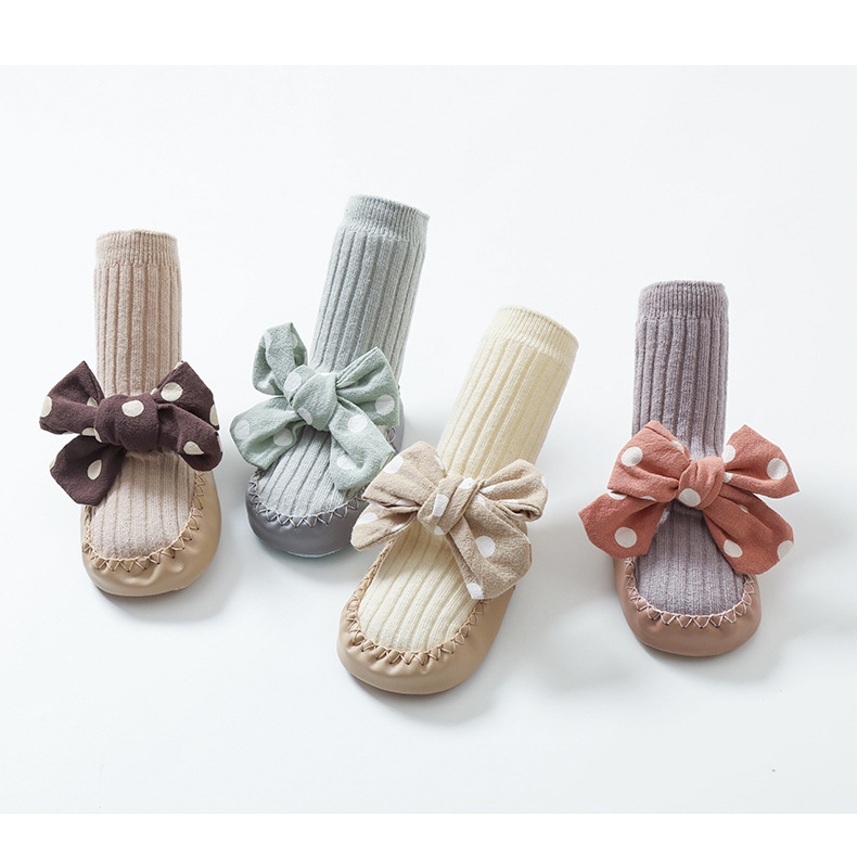 Осенне-зимние детские носки для пола Нескользящие носки для малышей с кожаной подошвой волнистые носки принцессы с бантом обувь