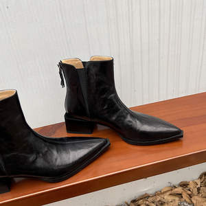 Botas Clásicas de Tobillo de Alta Calidad con Tacón Cuadrado, Parte Superior de Cuero Genuino, Botas de Ocio Femeninas de Moda Retro - Product Image 2