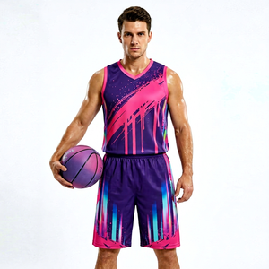 <b>Men's</b> Sublimated Basketball Jersey Set V-Neck Sleeveless Quick Dry Polyester Athletic Wear Gradient Color Print All Seasons - Product Image 1