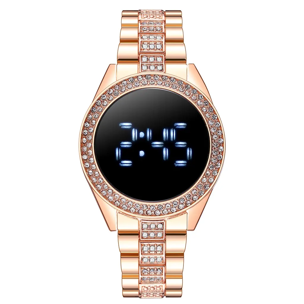 Luxury LED Watches Diamond Bracelet Steel Chain Watch For Women Rose Gold Dress Casual Quartz Watch