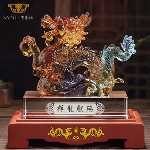 2024 Jaar Souvenir Chinese Drakenbedrijf Relatiegeschenk Interieur Fengshui Kantoordecoratie Met Houten Basis