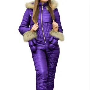 Outdoor Sports snowsuit Womens Winter Ski Jumpsuit Hooded Fur Collar Jacket with Gloves Hoodies Removable skiing clothes