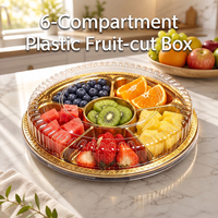 Plateau à fruits à 6 compartiments, boîte ronde en plastique, 315 mm, 1000 g, couvercle en dôme transparent, PET de qualité alimentaire, RPET, conforme aux normes FDA