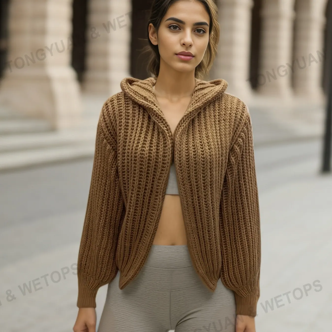 Vente en gros de chandails personnalisés pour femmes cardigan côtelé à manches longues de grande taille à capuche épais en tricot torsadé 3G pour femmes