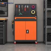 Armoire à outils mobile orange avec panneau perforé, tiroir verrouillable, double porte, organisateur en acier pour atelier de services électriques et CVC