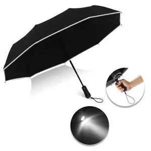 Portable 12 rib 23inch reverse automatic 3 folding umbrella with silver strip anti wind storm