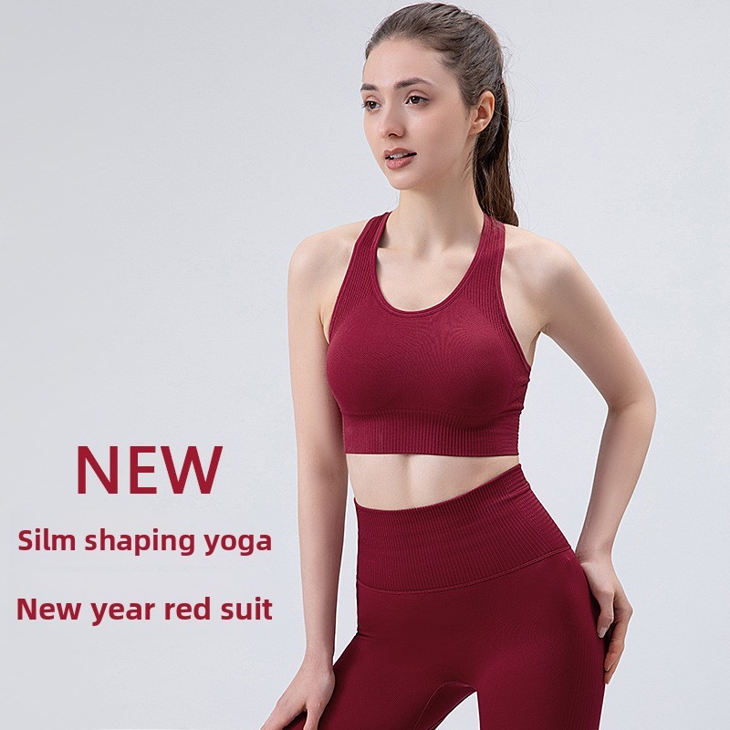 Women's Red Two-piece Breathable for Fitness Suit for Running Outdoor Yoga Beautiful Back Shock Absorption High Waist Tummy