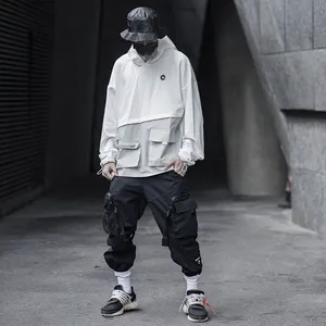 In stock pure white multifunction vintage stitching PVC cotton streetwear hip hop high quality casual mens hoodies