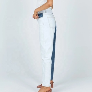 Jeans Mom bicolores <span class=keywords><strong>taille</strong></span> <span class=keywords><strong>haute</strong></span> de couleur blanche et bleue personnalisés à la mode féminine - Product Image 2