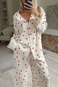 Ensemble pyjama imprimé cœur pour femmes, manches longues, boutonné, côtelé, taille élastique, 2 pièces, vêtements de nuit pour la maison - Product Image 3