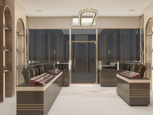 ที่กำหนดเองทันสมัยเครื่องประดับหรูหราร้านค้าการออกแบบตกแต่งภายในเคาน์เตอร์ทองพร้อมกระจกนิรภัยไฟ LED เครื่องประดับโชว์รูม - Product Image 3