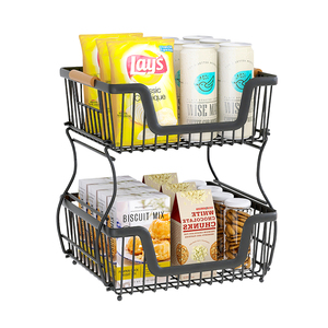 Rectangle Two Tier Eco-Friendly Metal Mesh Wire Fruit &amp; <strong>Vegetable</strong> Storage <strong>Basket</strong> <strong>Stand</strong> with Banana Hooks - Product Image 2
