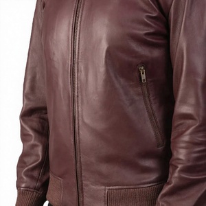 Men's Genuine Leather Bomber Jacket <b>Mandarin</b> <b>Collar</b> Zipper Closure Solid Color Casual Winter Wear Heated Logo Front - Product Image 6