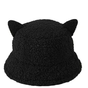 Casual Solid Artificial Fur Warm Black Fisherman Hat Lamb Plush Bucket Hat Ears Decor Fuzzy Winter Bucket Hat