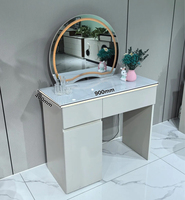 Ensemble de coiffeuse moderne en bois gris clair avec LED intelligentes, miroir, tiroirs de rangement et tabouret cylindrique pour chambre à coucher