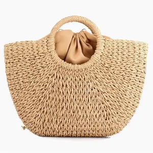 Spring Summer Pure Color Beach Bags Dressy Straw Bag Weaven Orange Cylindrical Braided Crossbody Hand-Woven Large Hobo