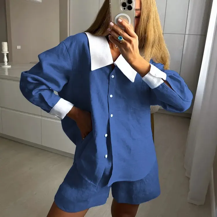 Benutzer definierte Herbst Lounge Wear Feminine Cosy Fit Baumwolle Coords Casual Blue Turn Down Kragen Bluse Shorts Zweiteilige passende Sets
